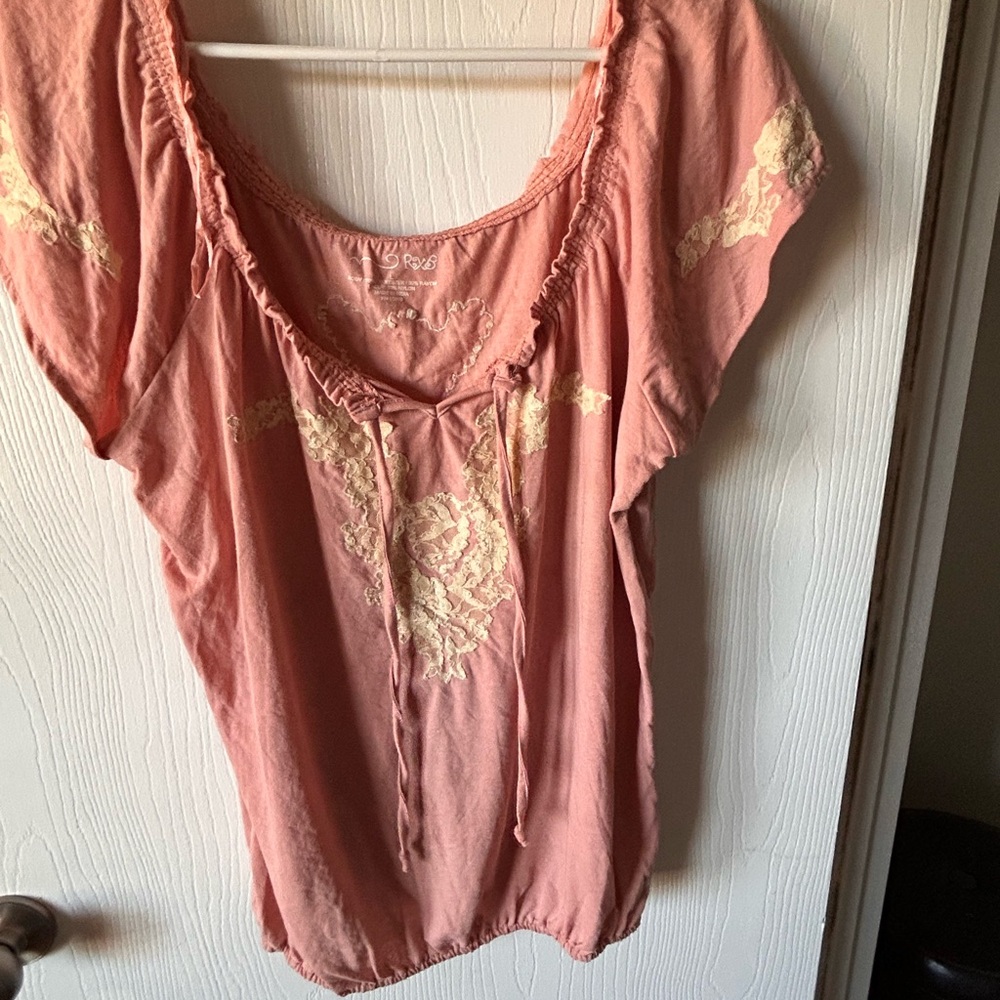 RXB Coral Peasant Blouse with Cream Lace Accents